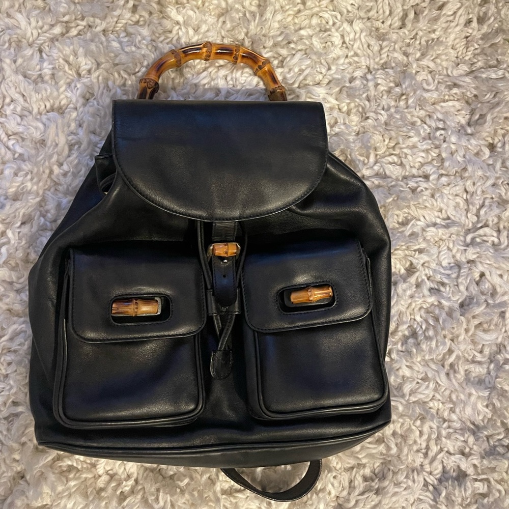 Gucci Black Leather Backpack with Bamboo Handle